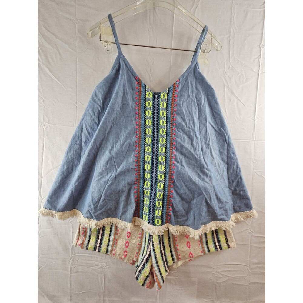 JUDITH MARCH Romper Women Small Blue Slit Back Embroidered Fringe Shorts NWOT